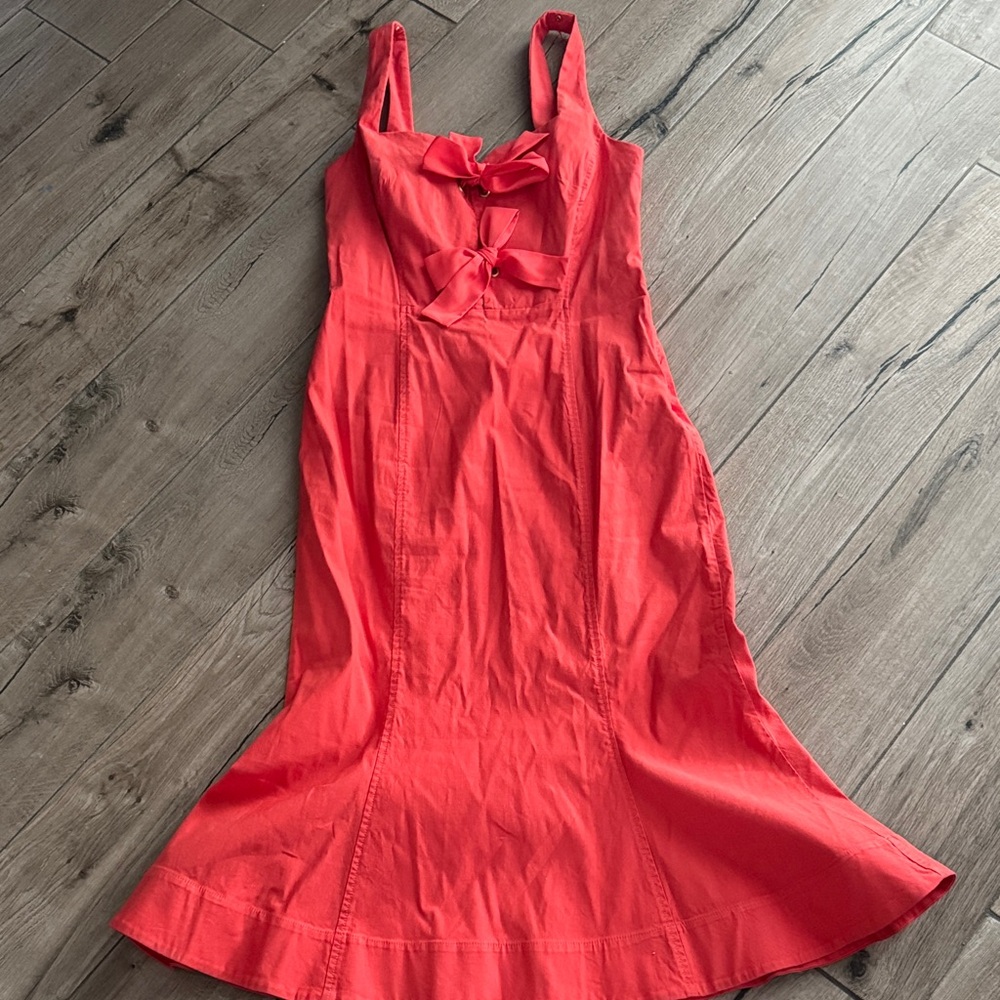 Anthropologie Coral Red Midi Dress with Front Bow Detail